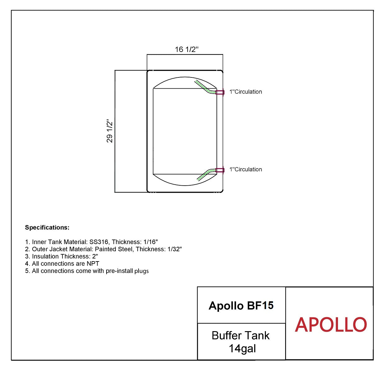 APOLLO BF15 - Stainless Buffer Tank - 14gal