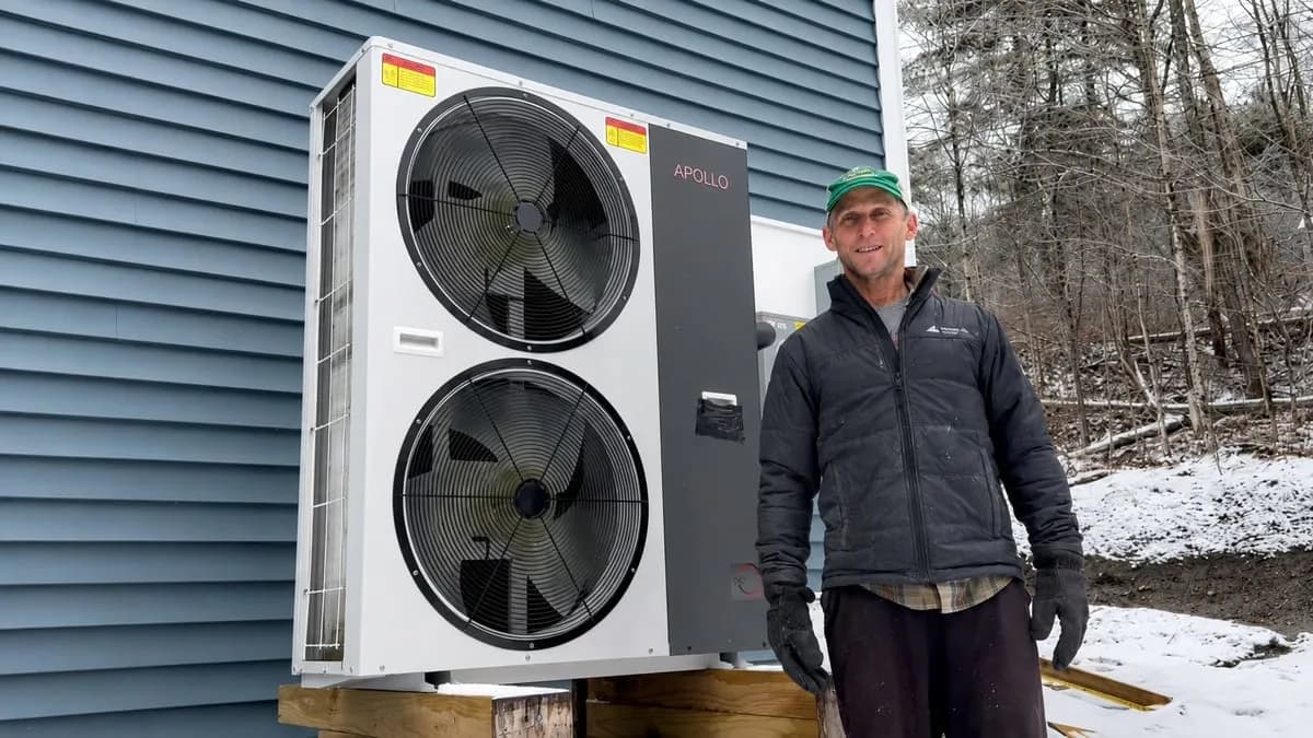 Installer standing beside an Apollo 6 ton air to water heat pump installed outdoors in winter.