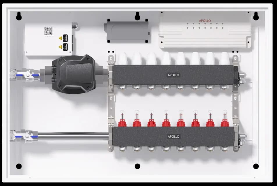 APOLLO Manifold Station with stainless steel manifold, actuators, zone control, pump, insulation, and PEX adapters for radiant floor heating systems.