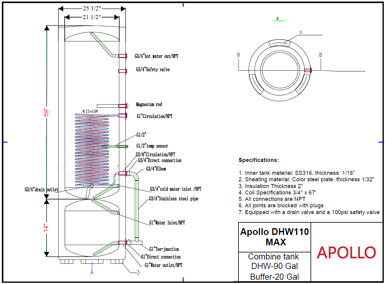 APOLLO DHW110 MAX - Stainless Combined Indirect Water Heater Tank