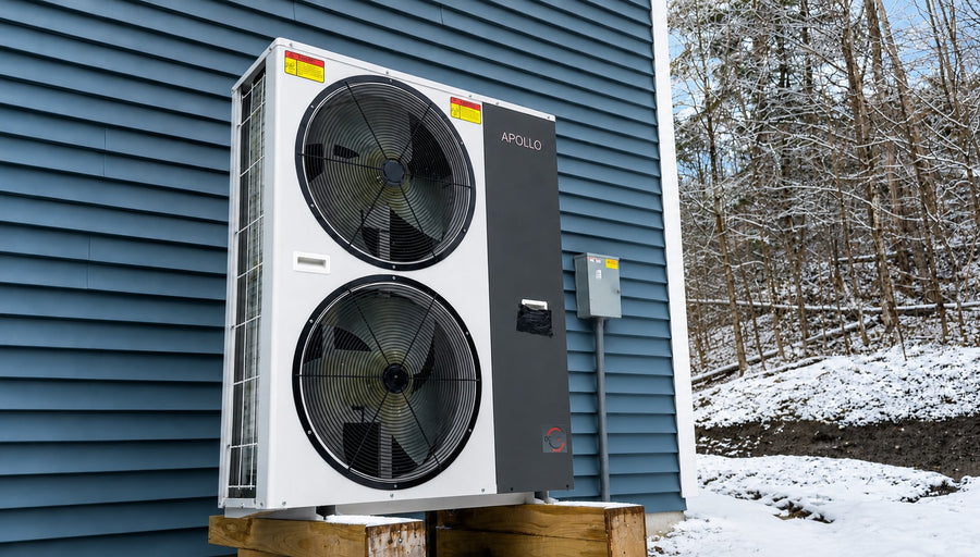 Apollo 6 ton air to water heat pump installed on a raised wood stand beside a blue-sided home in snow.