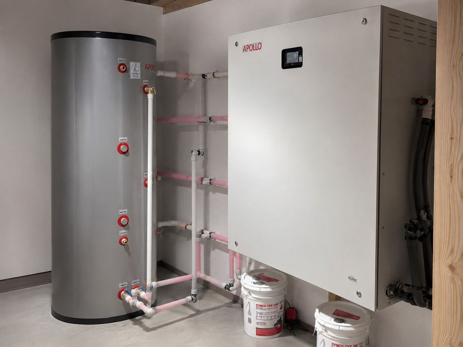 Apollo Hydro Smart station installed beside an Apollo water tank with connected hydronic piping.