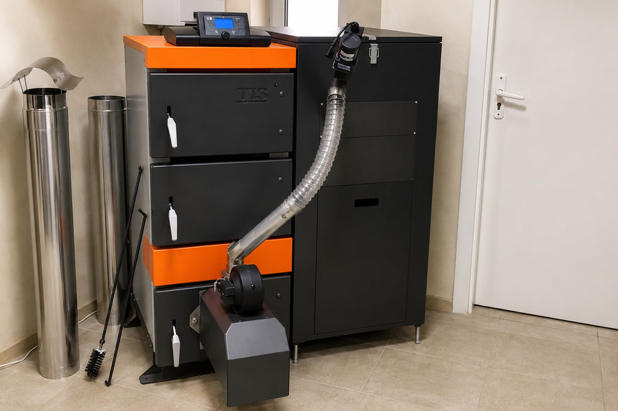 Black and orange pellet boiler connected to a black fuel hopper and auger in a finished mechanical room.