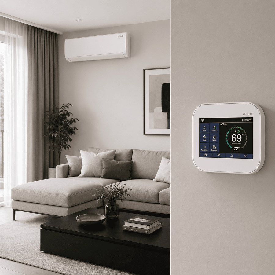 Apollo Wi-Fi fan coil thermostat on a white background.