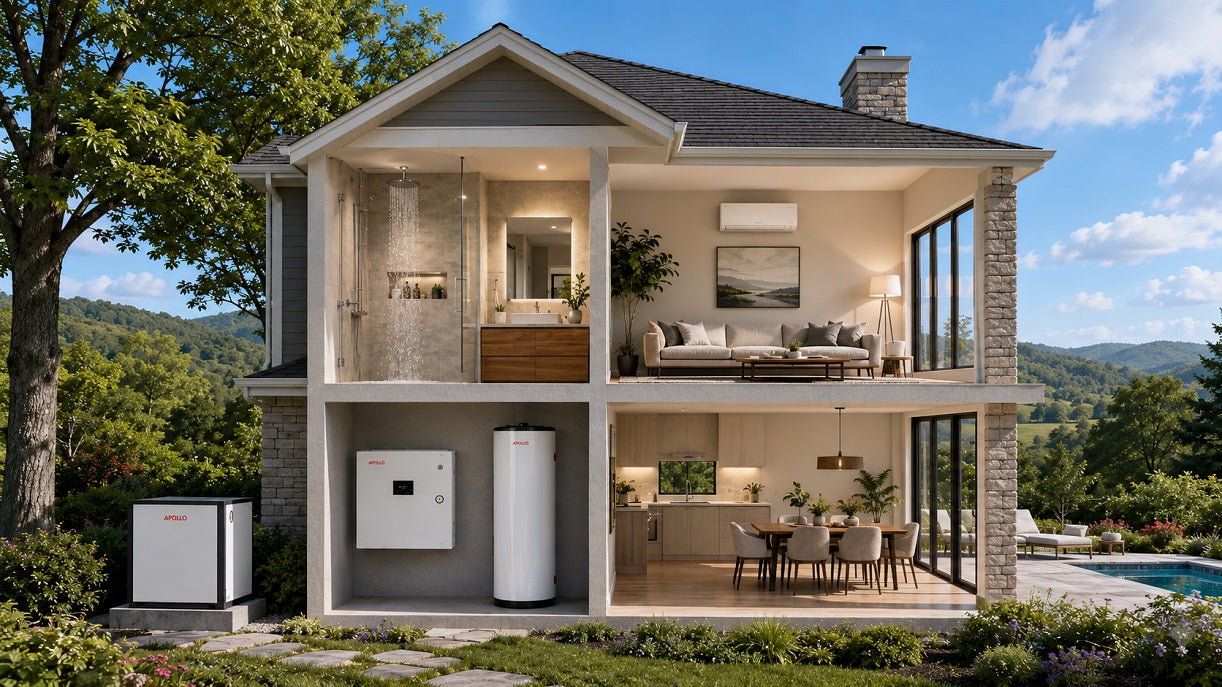 Diagram of an APOLLO hydronic system connecting a heat pump, Hydro Smart Station, buffer tank, fan coils, radiant floors, domestic hot water, and optional pool heating.