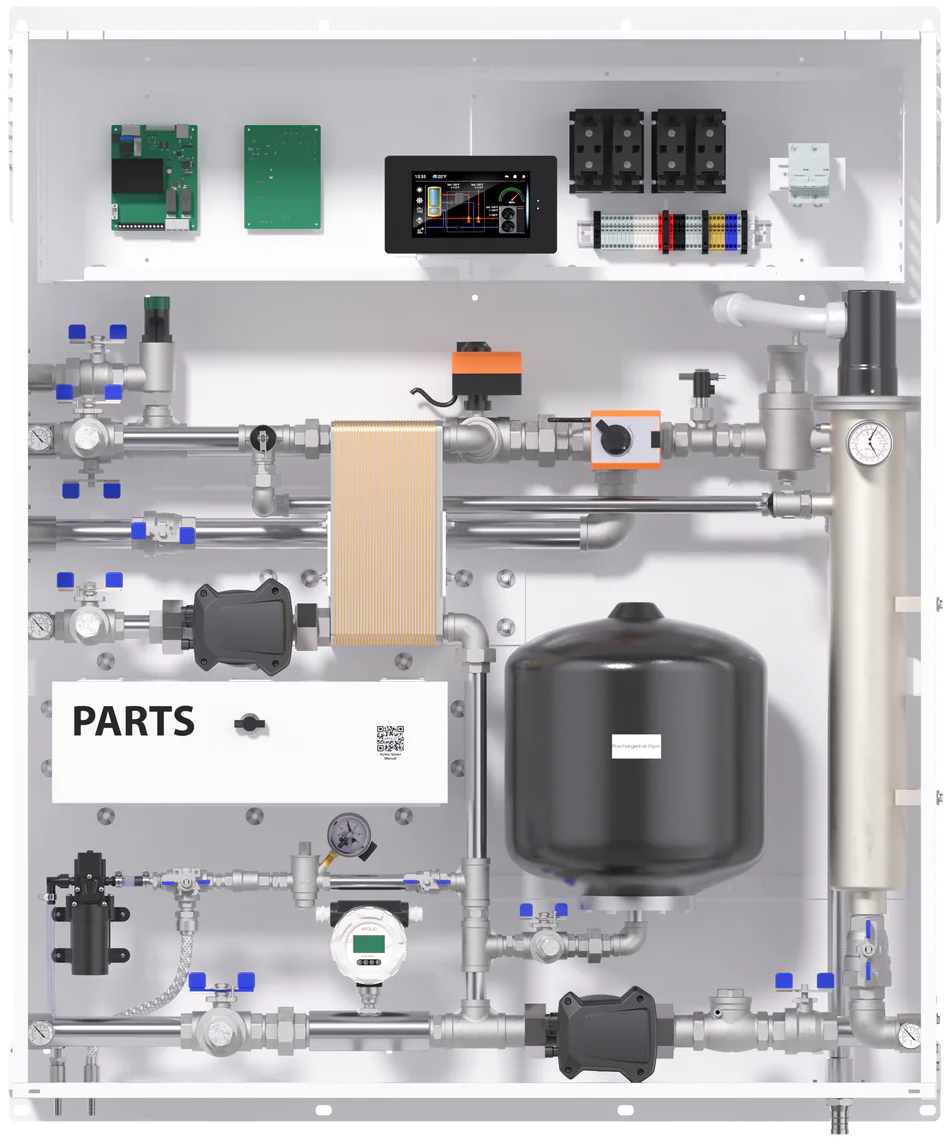 APOLLO Hydro Smart Station hydronic control panel with integrated pumps, controls, backup heat, and service components.