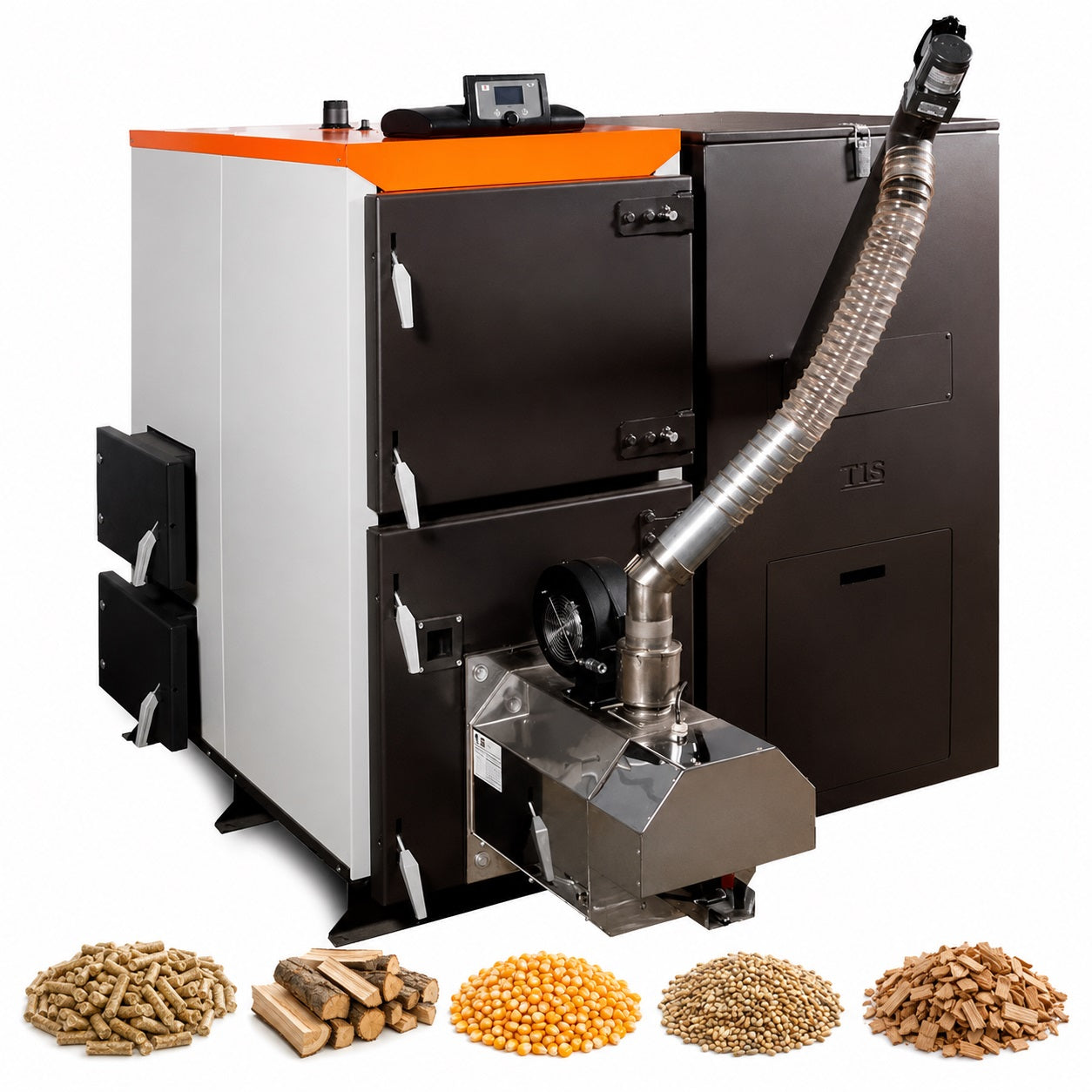 Industrial Pellet DUO multi-fuel boiler compatible with wood pellets, logs, corn, grains and wood-chip biomass.