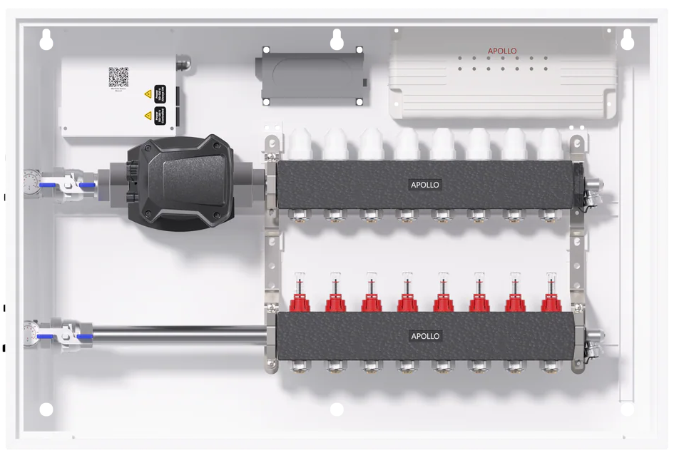APOLLO Manifold Station with stainless steel manifold, actuators, zone control, pump, insulation, and PEX adapters for radiant floor heating systems.