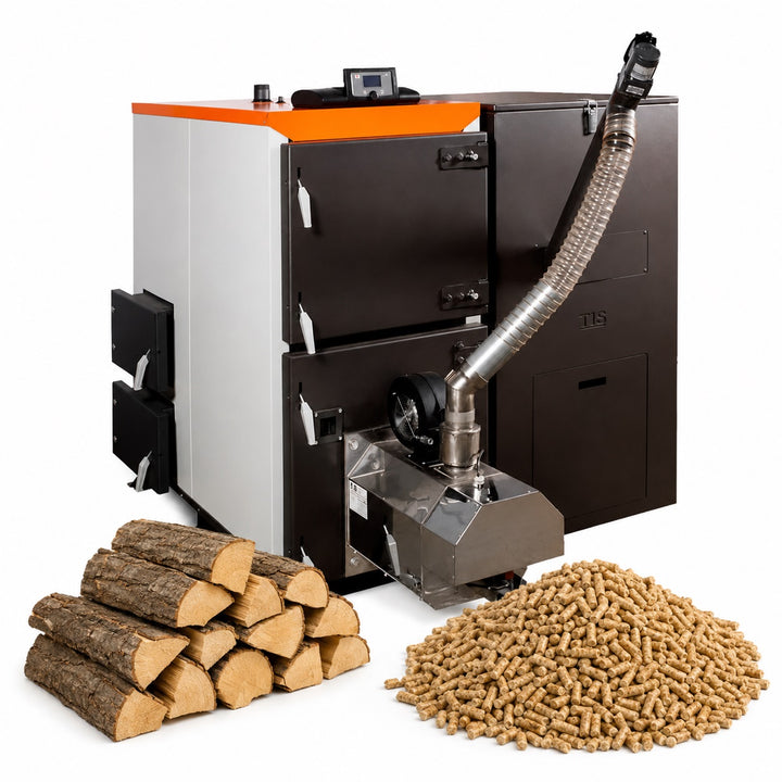 Two Pellet Duo boilers with wood logs and wood pellets, showing dual-fuel heating compatibility.
