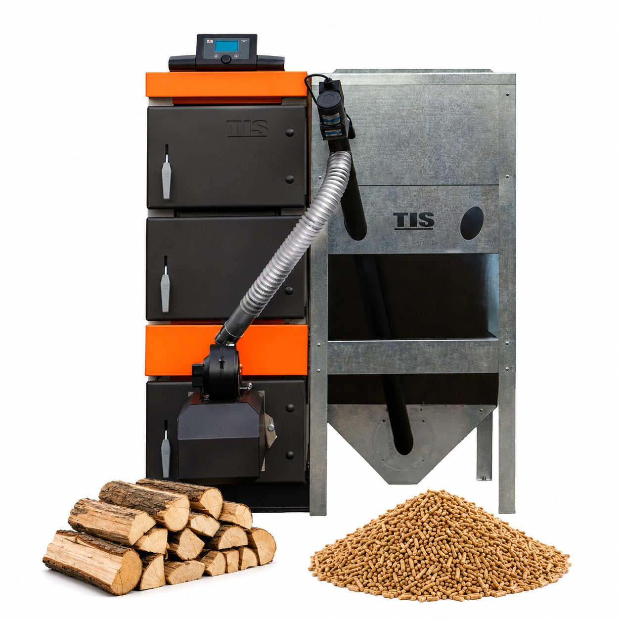 Pellet Duo boiler with integrated hopper, wood logs, and wood pellets on a white background.