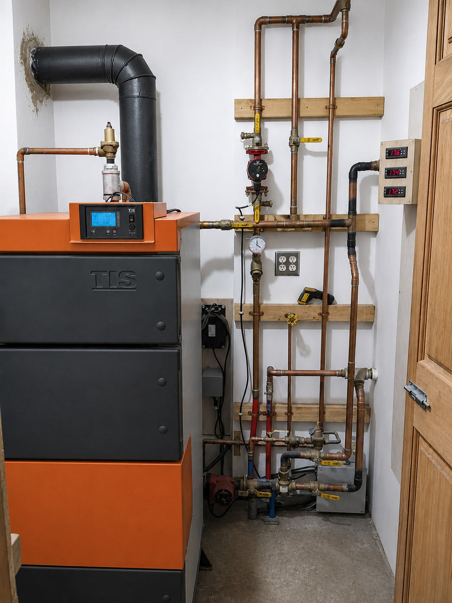 UNI wood boiler installed with copper hydronic piping, pumps, valves, and temperature controls.